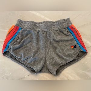 Aviator Nation 5 Stripe Jogger Shorts- Heather Grey/Neon Rainbow Size S